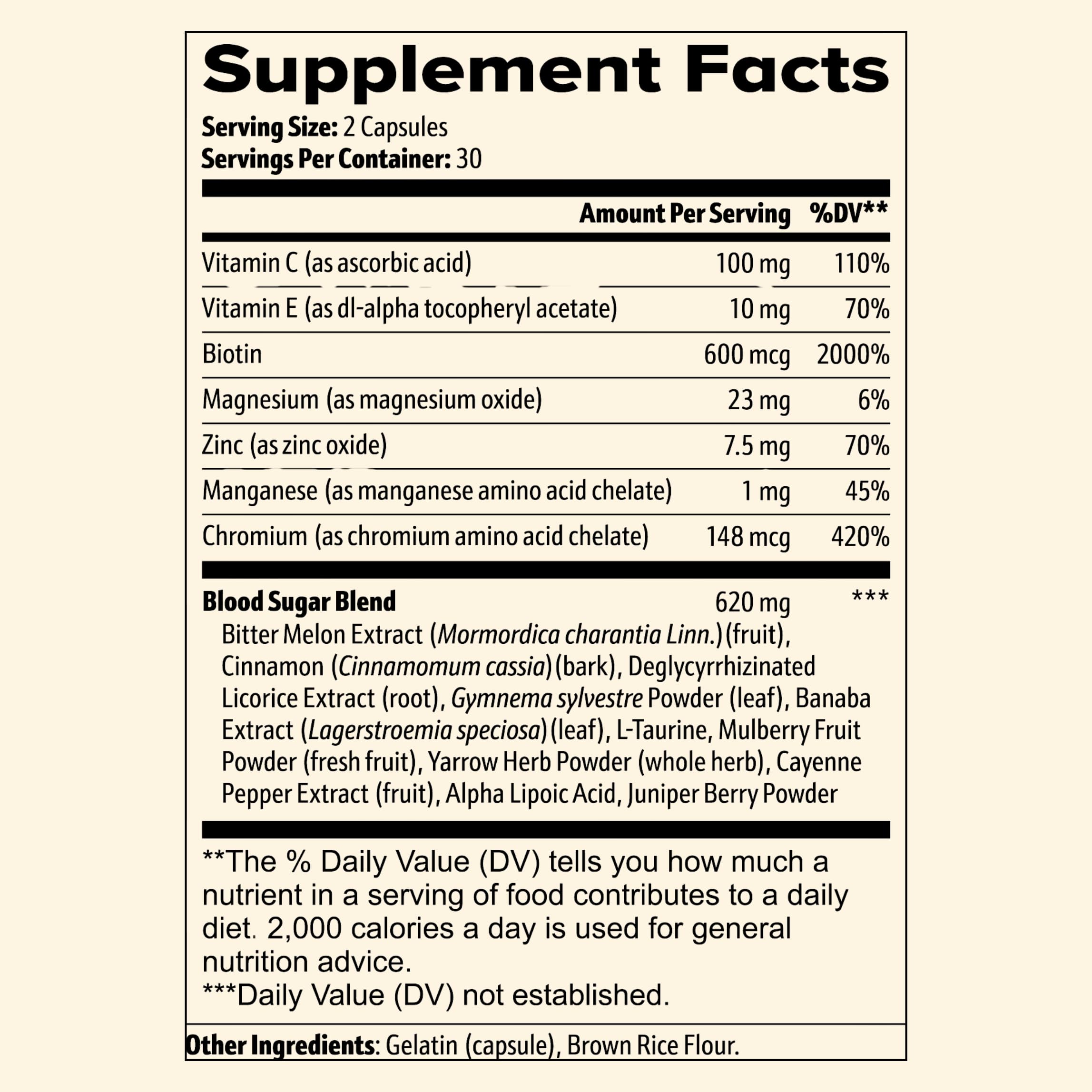 Sun Vitals Glucose Guard serving size graphic illustrates 2 capsules per serving.