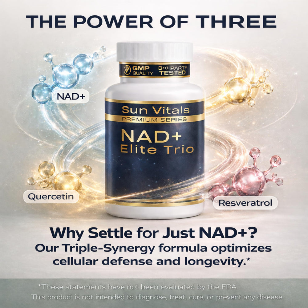 Sun Vitals NAD+ capsules closeup with resveratrol and quercetin for cellular resilience