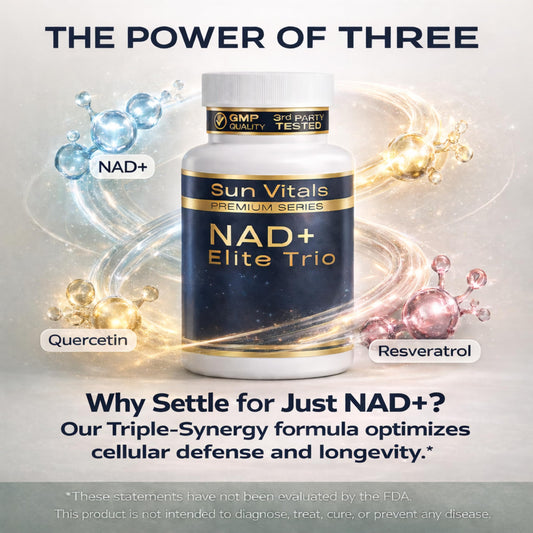 Sun Vitals NAD+ capsules closeup with resveratrol and quercetin for cellular resilience
