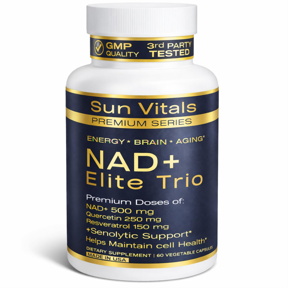 Sun Vitals NAD+ 500mg bottle front view highlighting daily vitality support