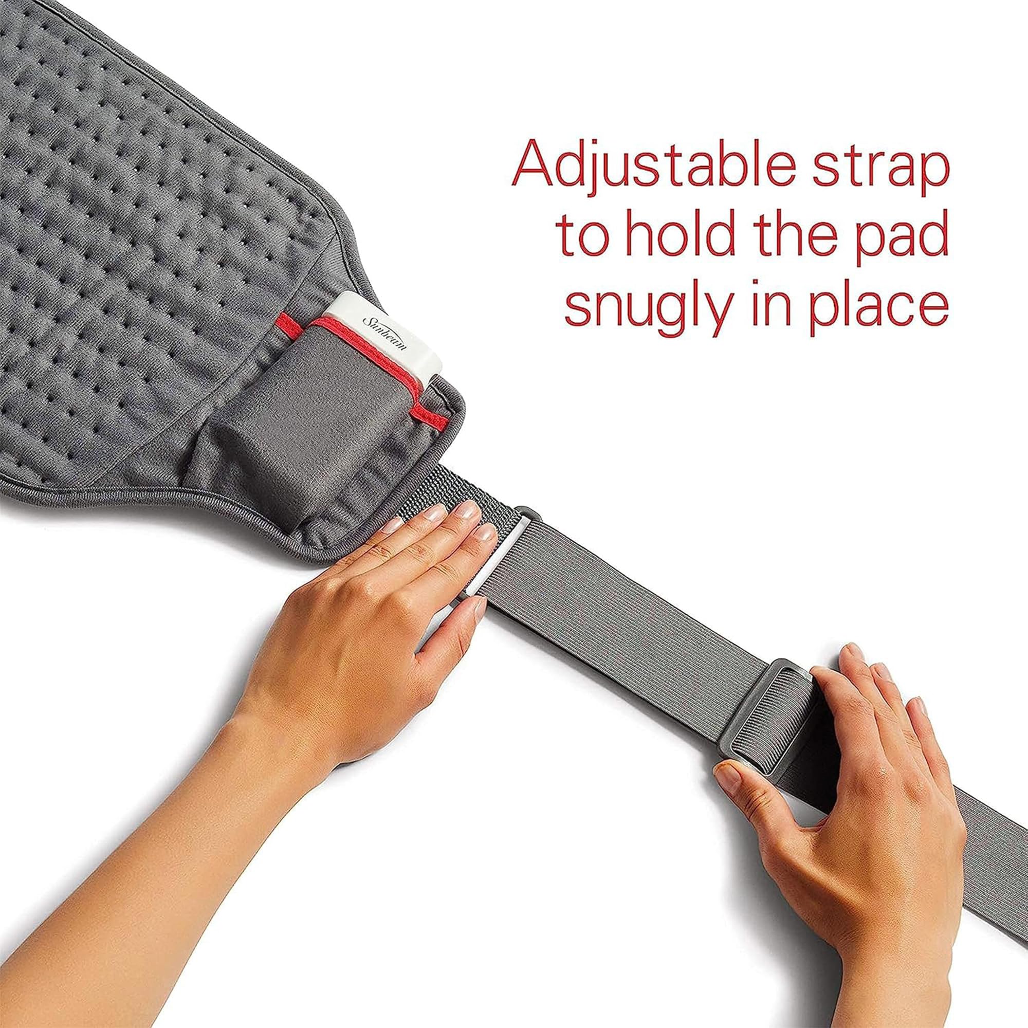Sunbeam cordless heating pad with adjustable strap for hands-free use