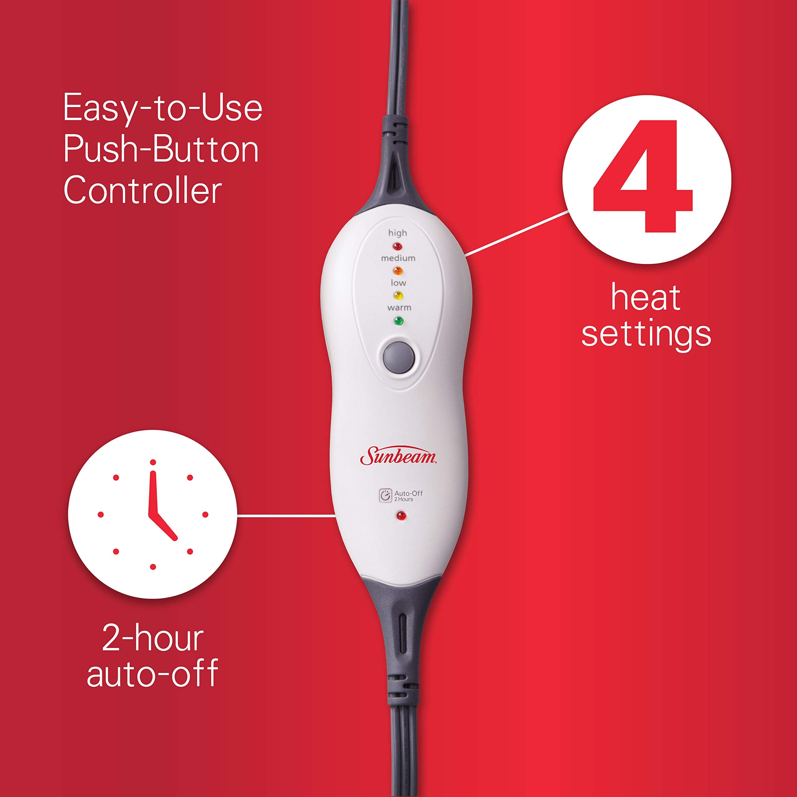 Sunbeam XXL heating pad features a long 9-foot cord for flexible use.