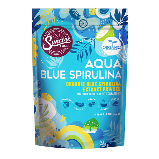 Suncore Foods Aqua Blue Spirulina powder bottle adds vibrant color to foods