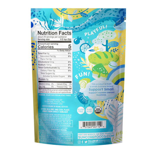 Suncore Foods Aqua Blue Spirulina powder packaging highlights easy color for drinks