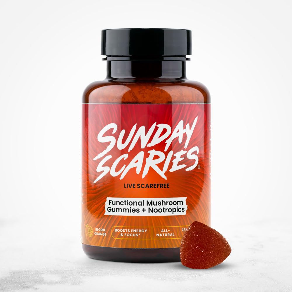 Sunday Scaries 4-in-1 gummy bottle shown for focus and energy