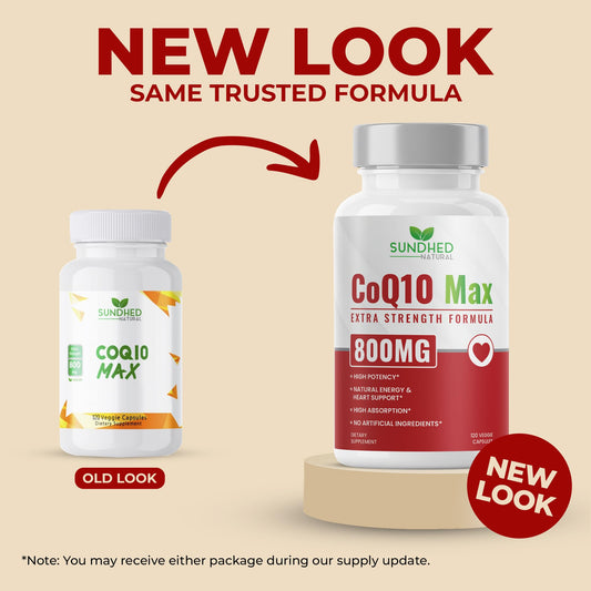 Sundhed Natural CoQ10 bottle back shows dosage and benefits for daily use
