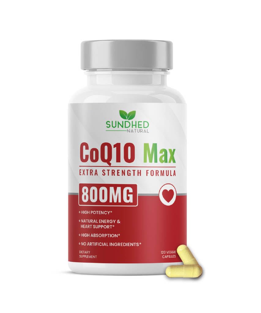 Sundhed Natural CoQ10 800mg capsules bottle front highlights energy support and heart health