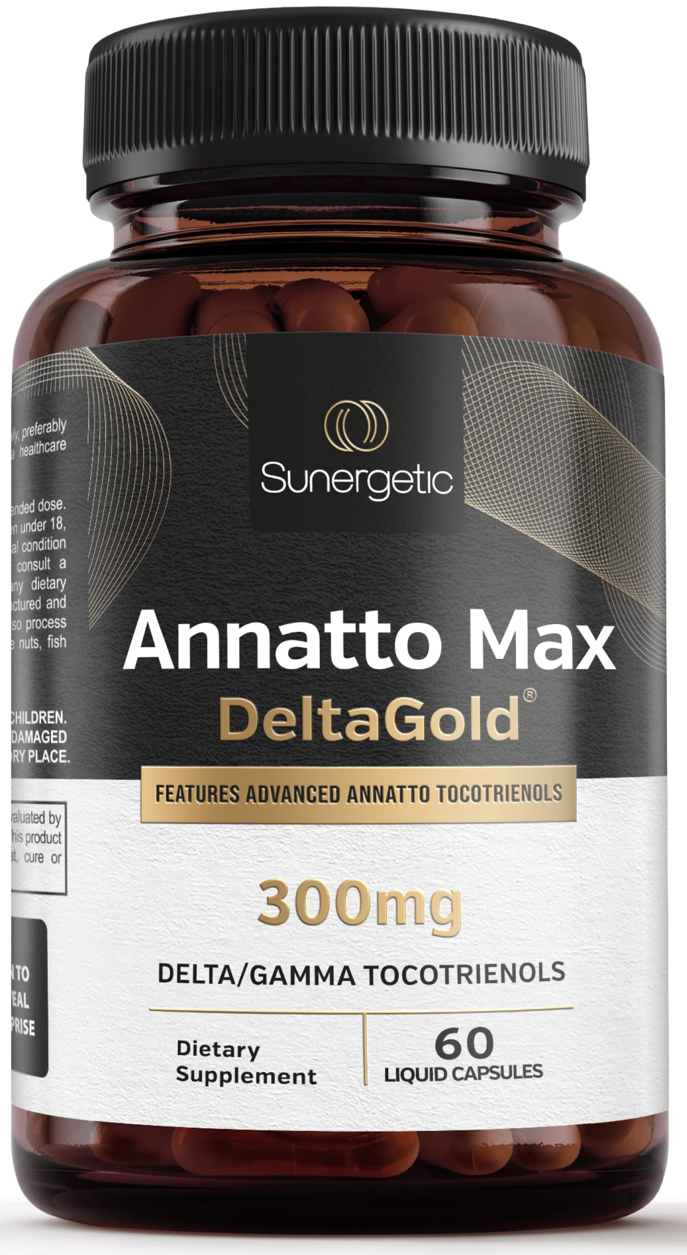 Sunergetic annatto tocotrienols bottle with DeltaGold for potential antioxidant support.