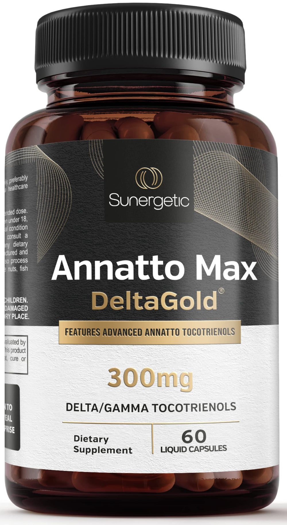Sunergetic annatto tocotrienols bottle with DeltaGold for potential antioxidant support.