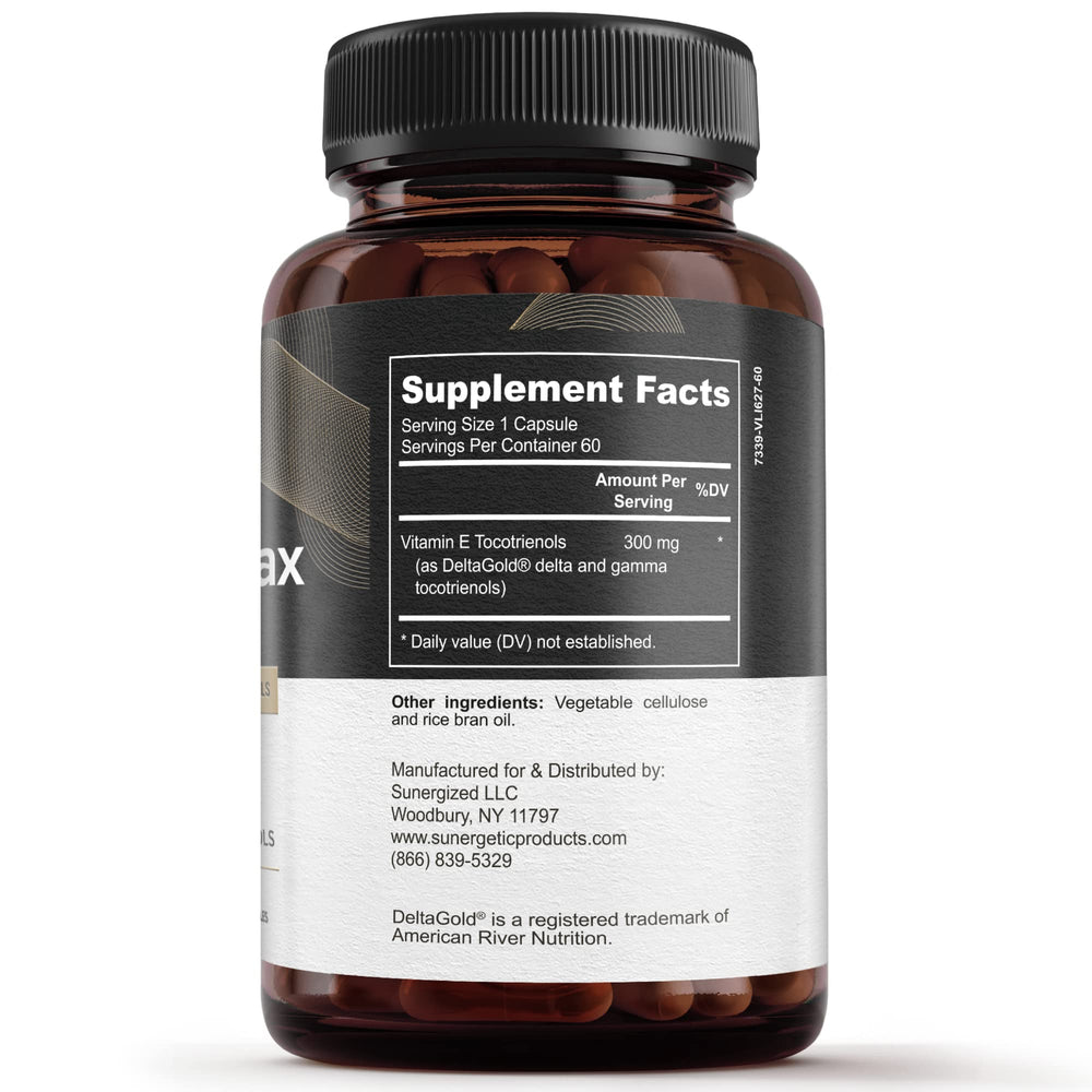 Close-up of Sunergetic annatto tocotrienols capsules showing easy-to-swallow shape.
