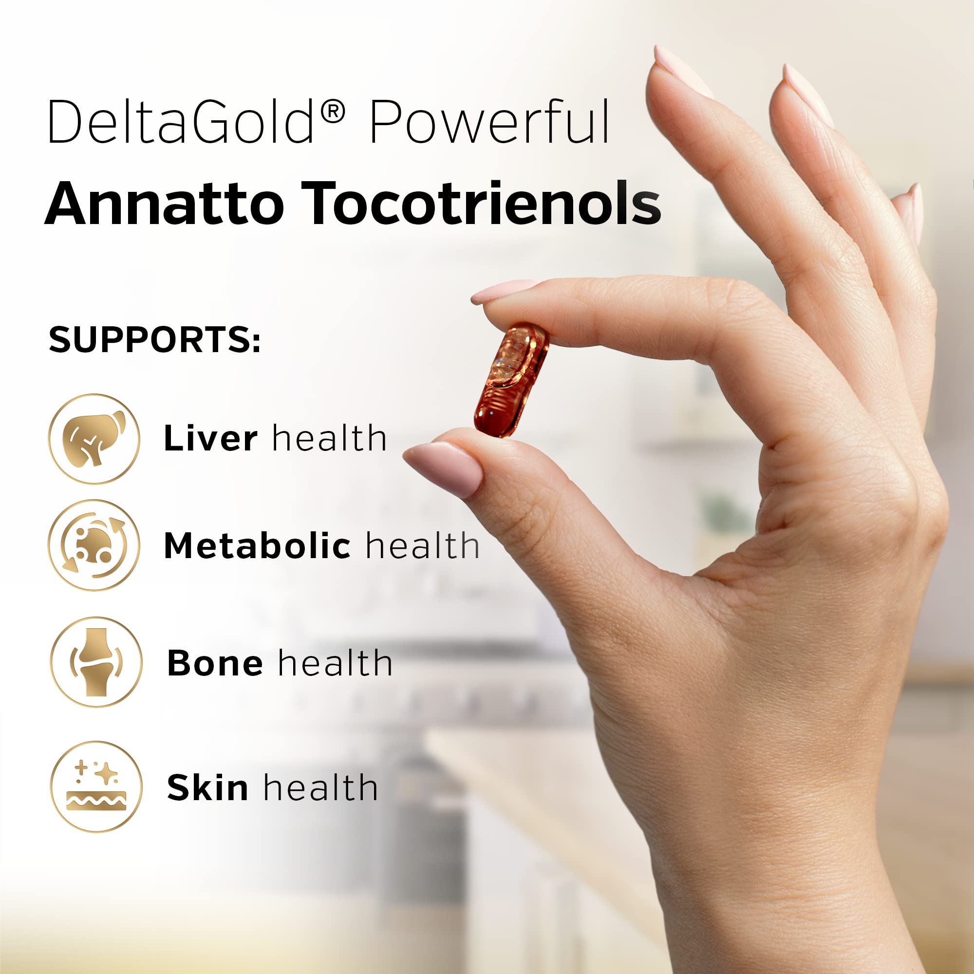 DeltaGold graphic on Sunergetic packaging suggesting metabolic and heart health support.