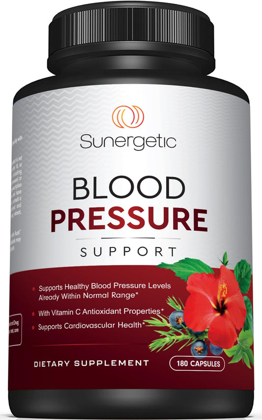 Sunergetic Premium Blood Pressure bottle closeup suggesting daily heart health support.