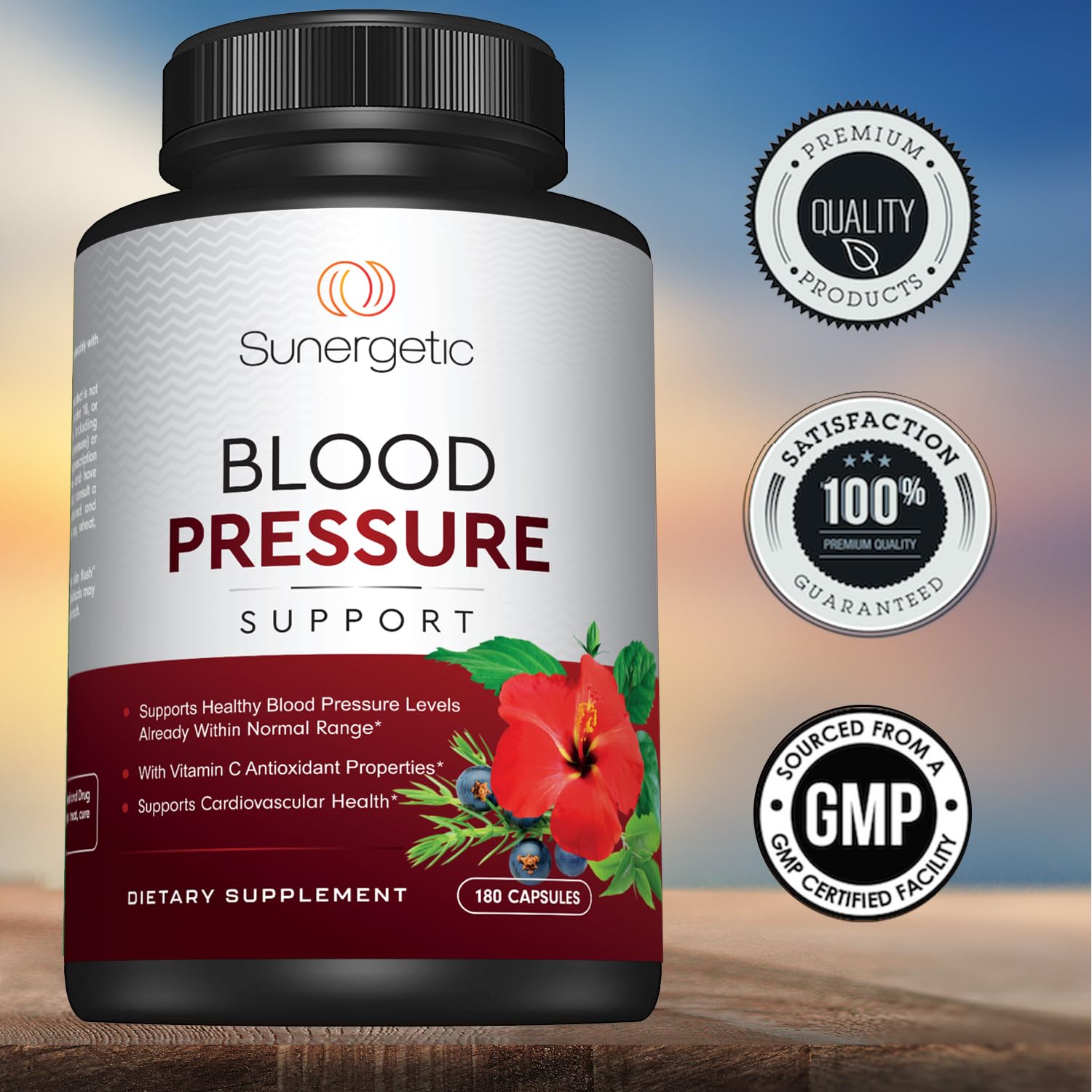 Sunergetic Premium Blood Pressure bottle with USA-made label highlighting GMP manufacturing.