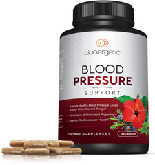 Sunergetic Premium Blood Pressure capsules inside bottle suggest convenient daily use.