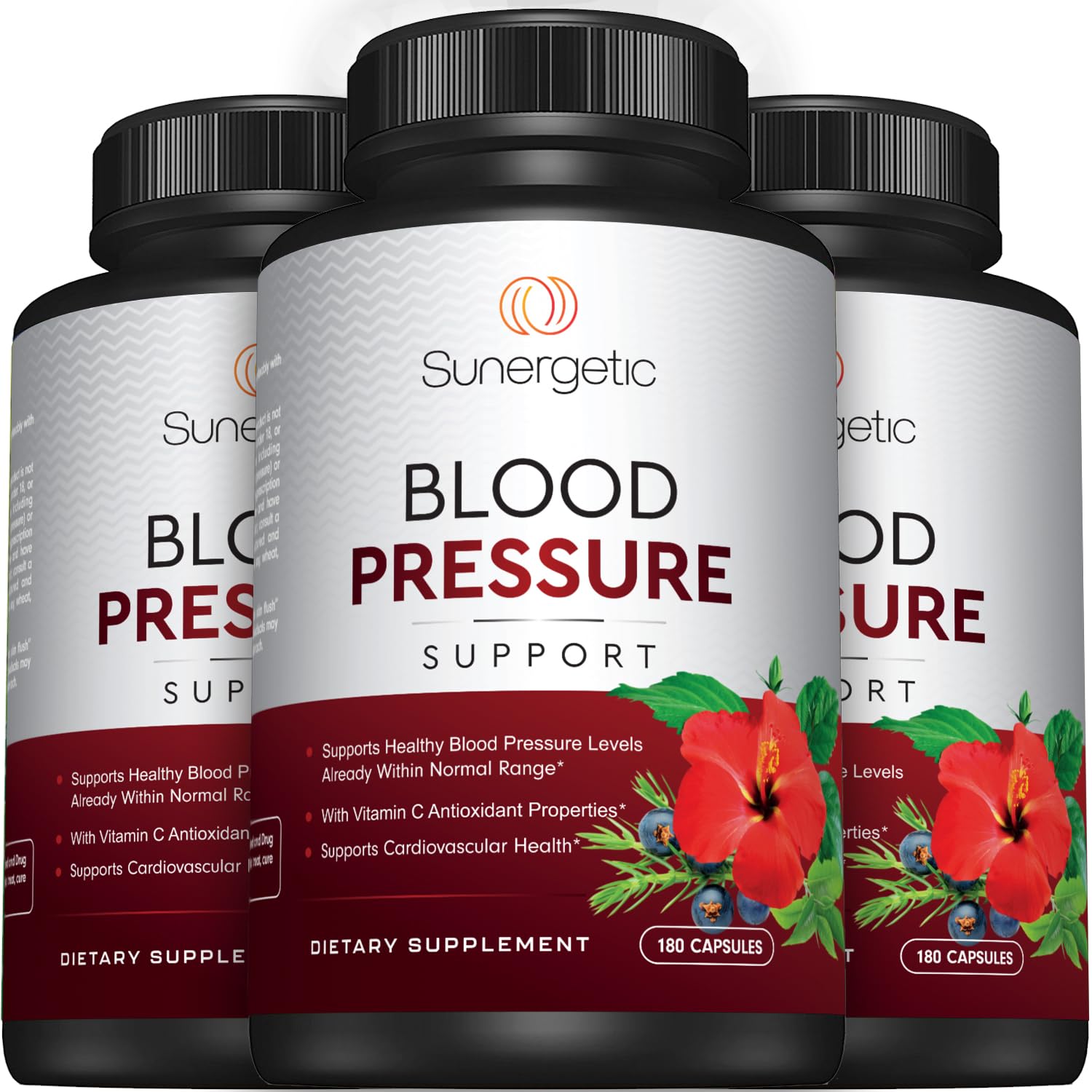 Sunergetic Premium Blood Pressure natural ingredients graphic hints at wellness benefits.