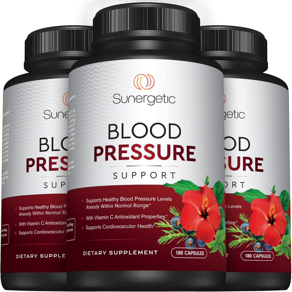 Sunergetic Premium Blood Pressure natural ingredients graphic hints at wellness benefits.