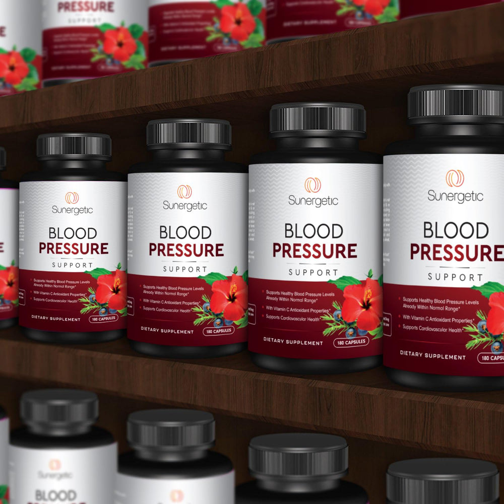 Sunergetic Premium Blood Pressure satisfaction guarantee badge signals product confidence.