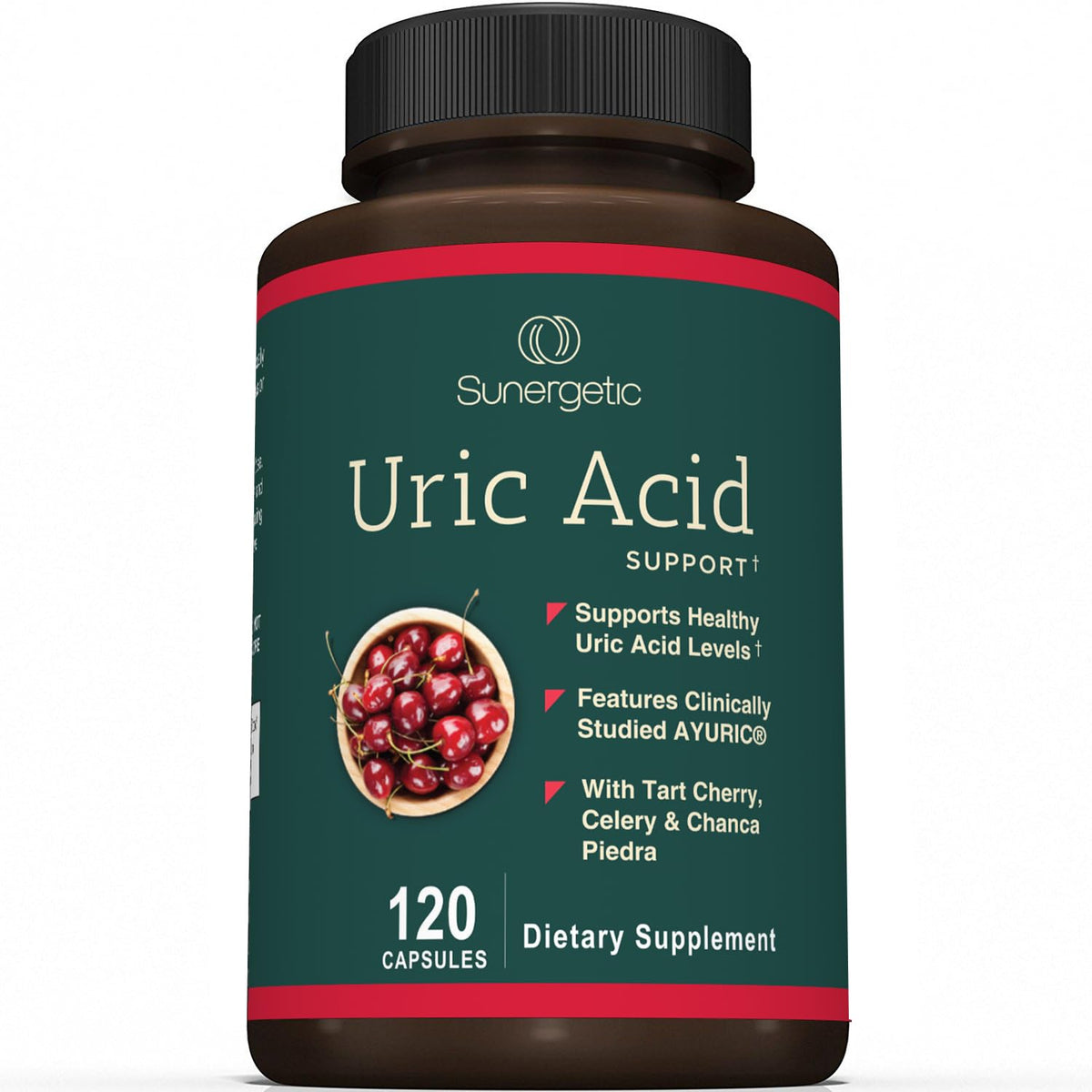 Sunergetic Uric Acid Support bottle front view may help maintain healthy uric balance.