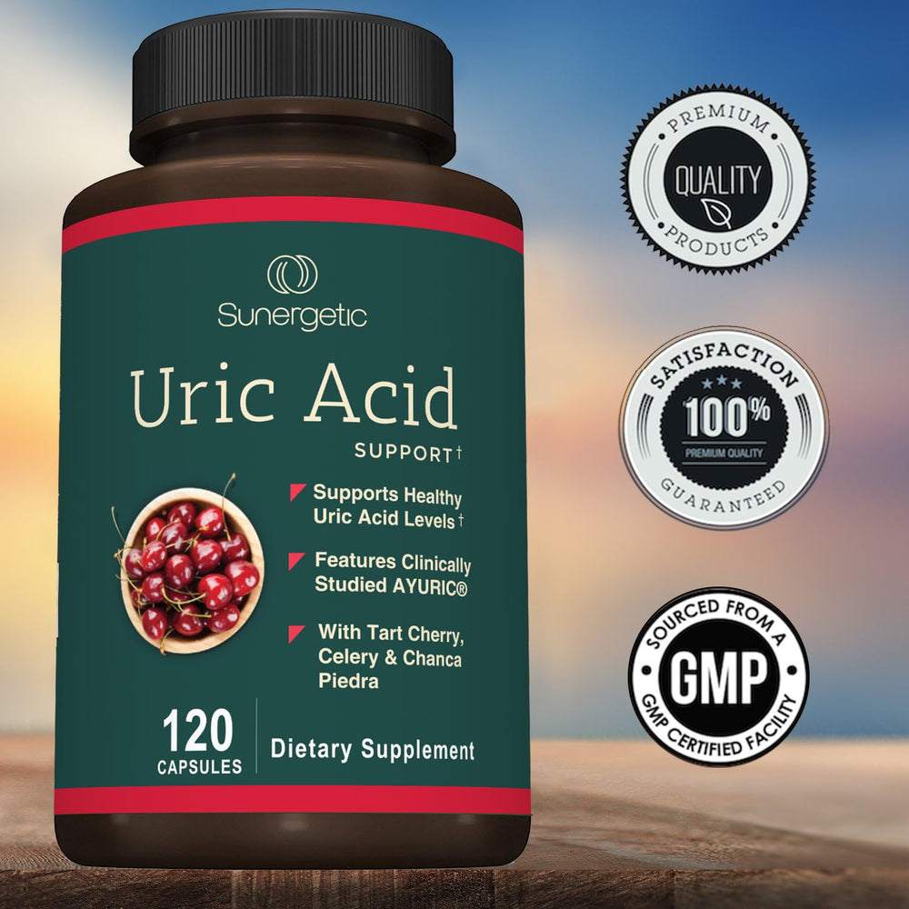Sunergetic Uric Acid Support featuring Chanca Piedra and Celery Seed extracts.