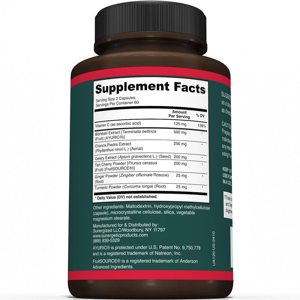 Sunergetic Uric Acid Support label close-up emphasizing capsule formula for daily wellness.