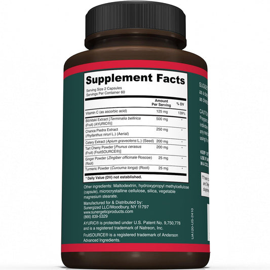 Sunergetic Uric Acid Support label close-up emphasizing capsule formula for daily wellness.