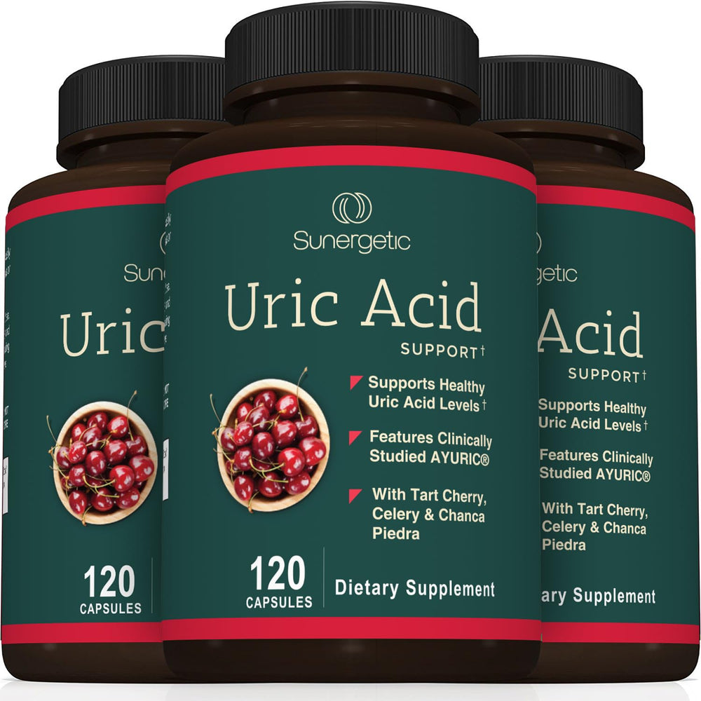 Sunergetic Uric Acid Support bottle on GMP-certified facility backdrop.