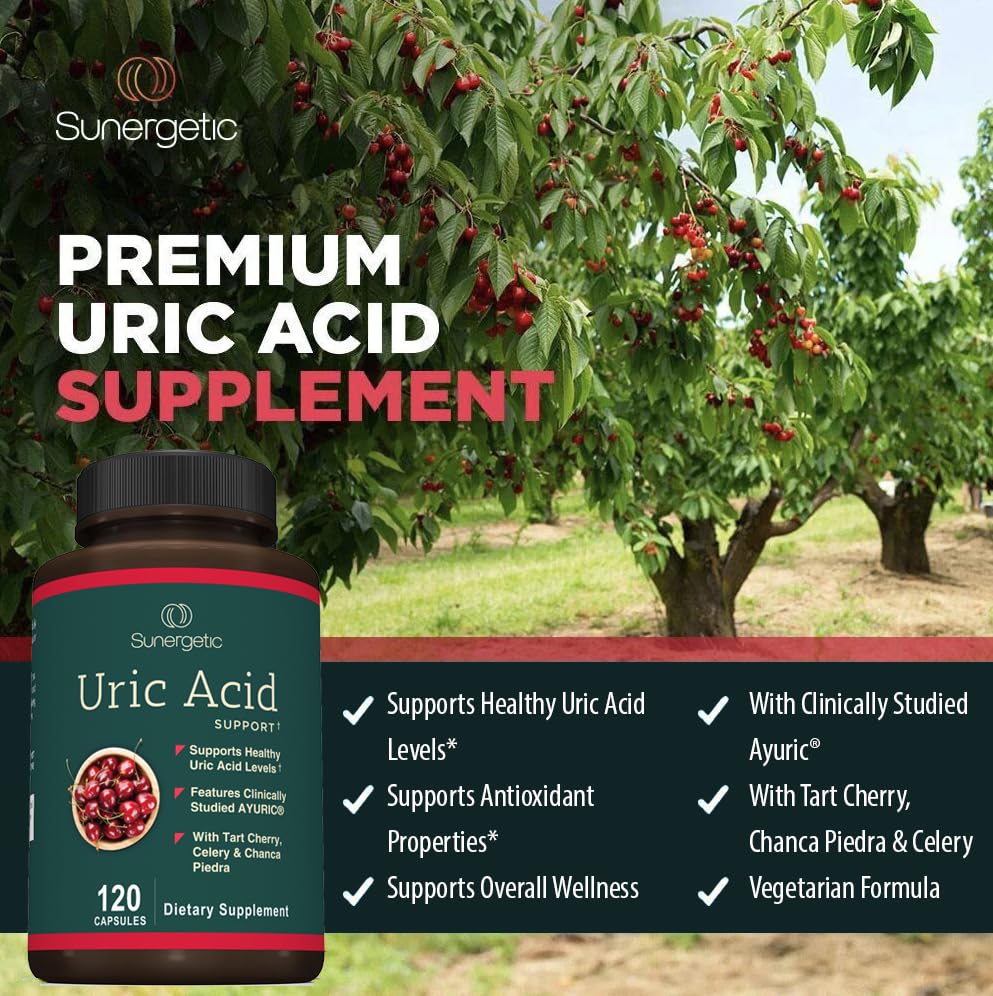 Sunergetic Uric Acid Support with Tart Cherry visual highlighting antioxidant-rich ingredients.