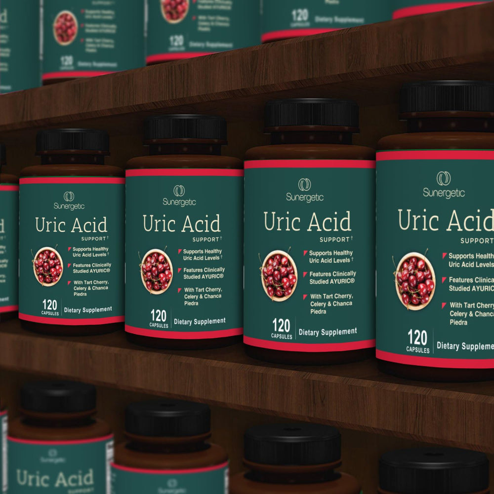 Sunergetic Uric Acid Support capsule close-up highlighting small, easy-to-swallow design.