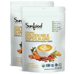 Sunfood Golden Milk Super Blend powder in a bag, ready to mix into a soothing turmeric latte