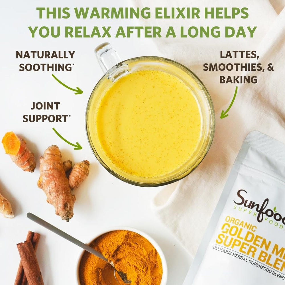 Sunfood Golden Milk Super Blend ready-to-use jar on kitchen shelf
