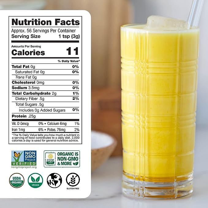 Sunfood Golden Milk Super Blend label close-up showing organic ingredients and certifications