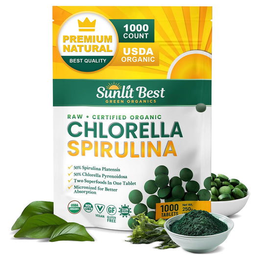 Sunlit Best Green Organics chlorella spirulina tablets packaging highlights organic vegan superfood
