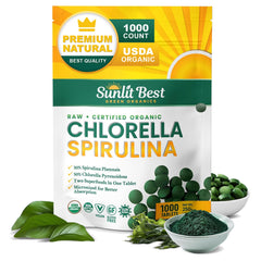 Sunlit Best Green Organics chlorella spirulina tablets packaging highlights organic vegan superfood