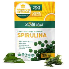 Sunlit Best Green Organics Spirulina bottle showing organic green superfood for daily energy