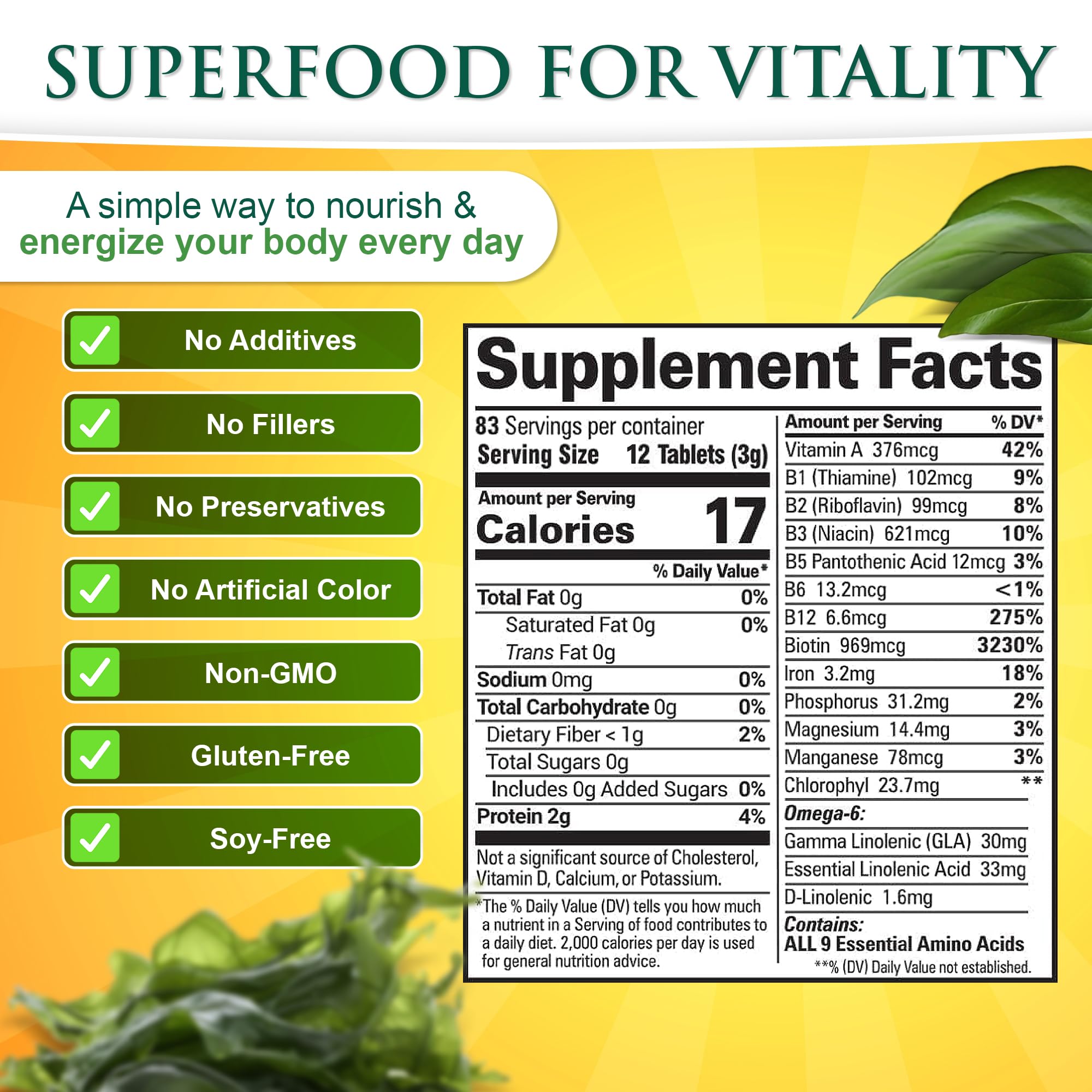 Sunlit Best Green Organics spirulina label view with USDA Organic badge