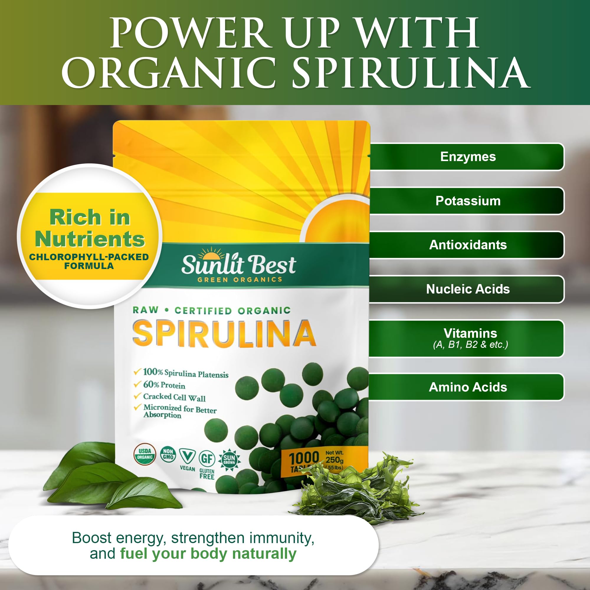 Sunlit Best Green Organics spirulina tablets closeup highlighting protein-rich supplement