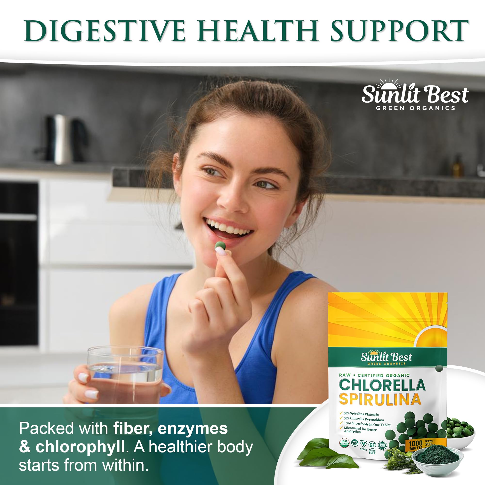 Sunlit Best Green Organics tablet close-up reveals compact micronized formula