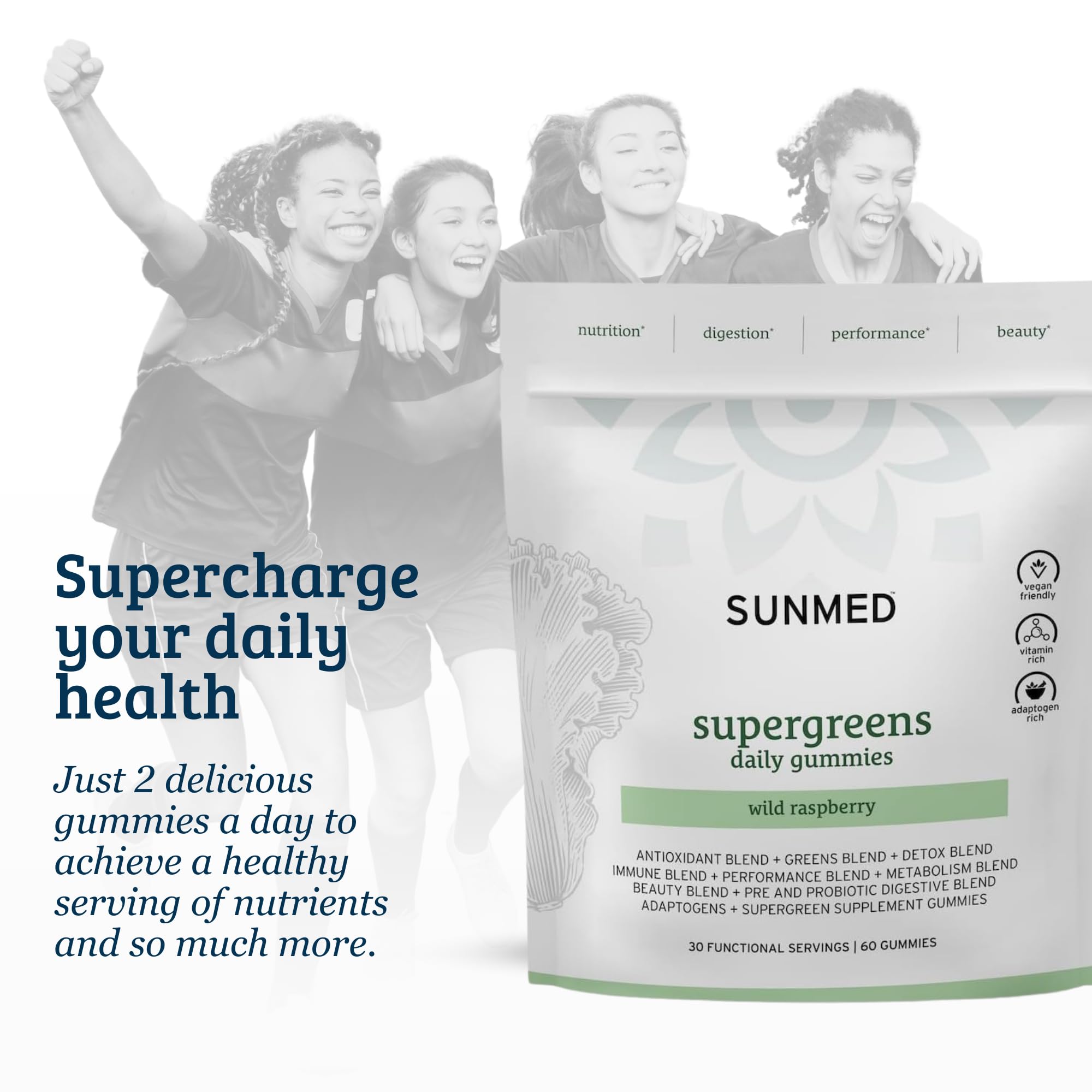 SUNMED Supergreens gummies with wild raspberry flavor invite daily wellness rituals.