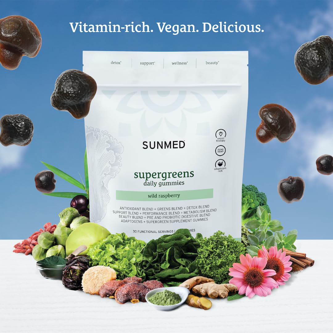 SUNMED Supergreens gummies closeup showing texture for easy daily consumption.