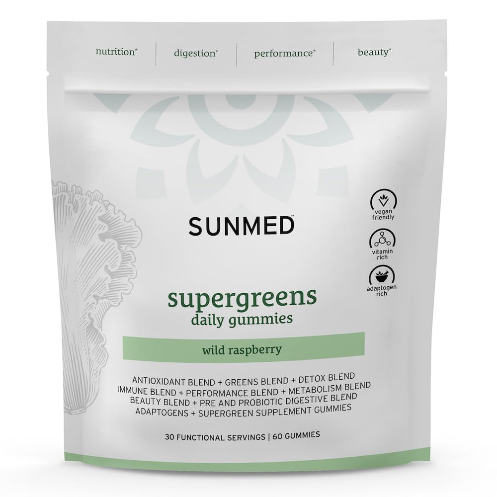 SUNMED Supergreens Daily Gummies wild raspberry bottle for daily immune and wellness support.