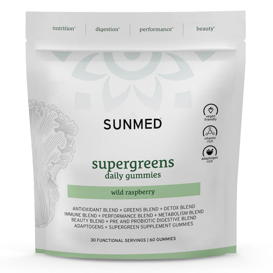 SUNMED Supergreens Daily Gummies wild raspberry bottle for daily immune and wellness support.