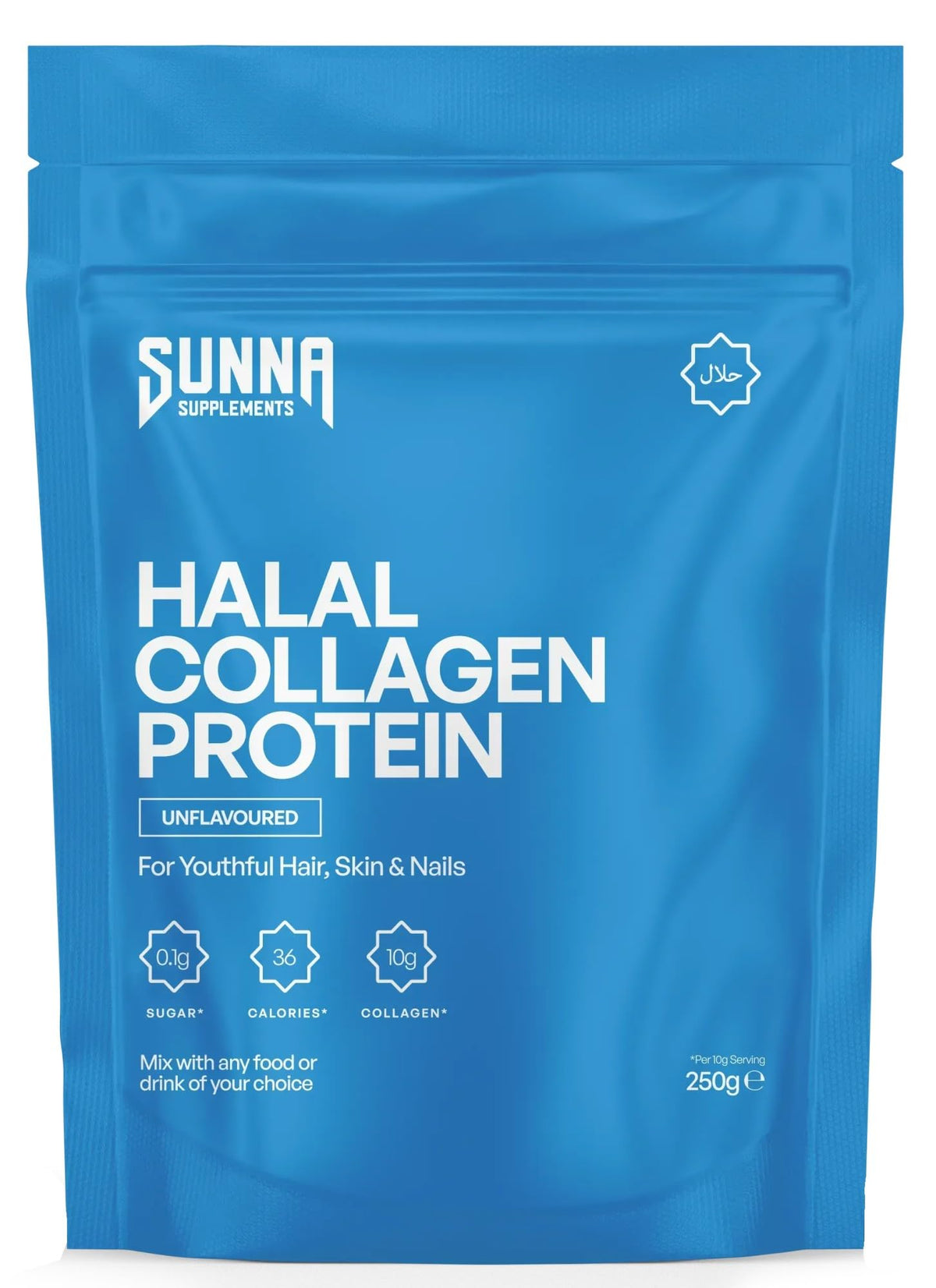 SUNNA Supplements grass-fed halal collagen powder canister, high-protein support for joints and skin