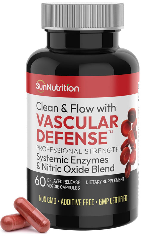 SunNutrition Vascular Defense bottle front view signaling cardiovascular support potential.