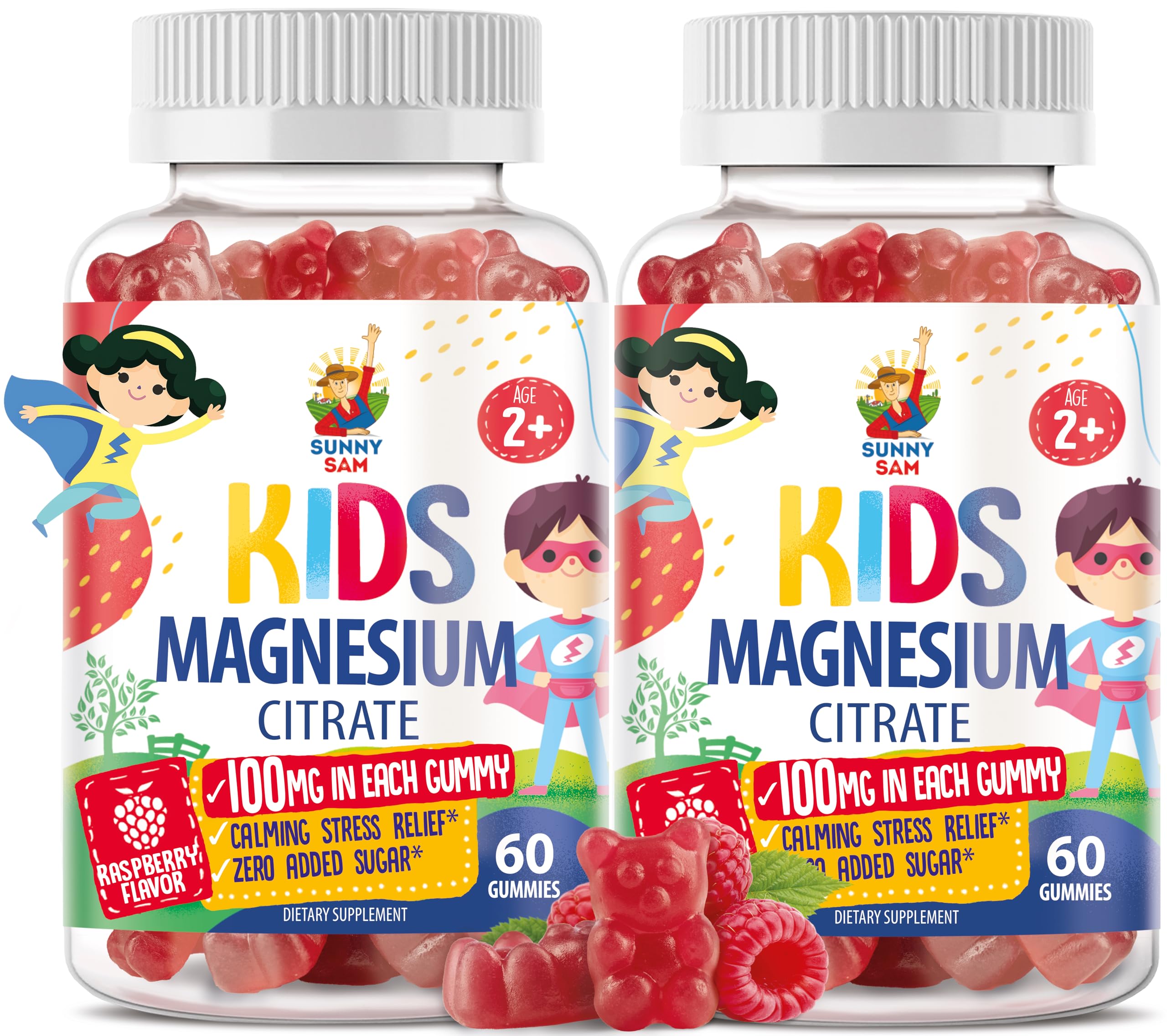 Sunny Sam magnesium gummies for kids bottle side view promotes a calm routine.