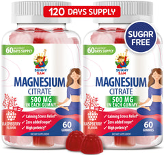 Sunny Sam Magnesium Gummies bottle with raspberry flavor support calm mood and relaxed muscles.