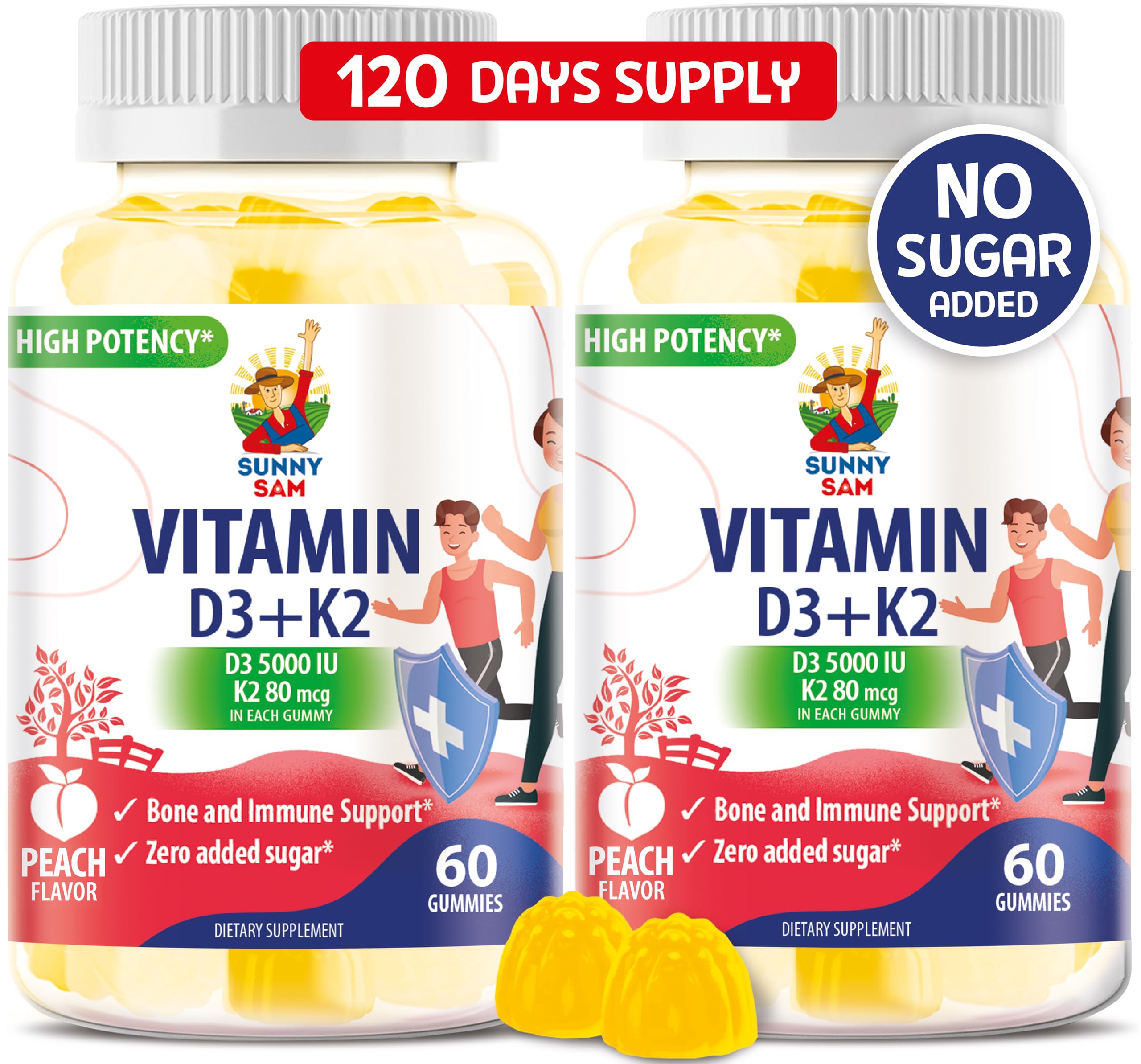 SUNNY SAM sugarfree vitamin D3 K2 gummies peach bottle for daily immune and bone support