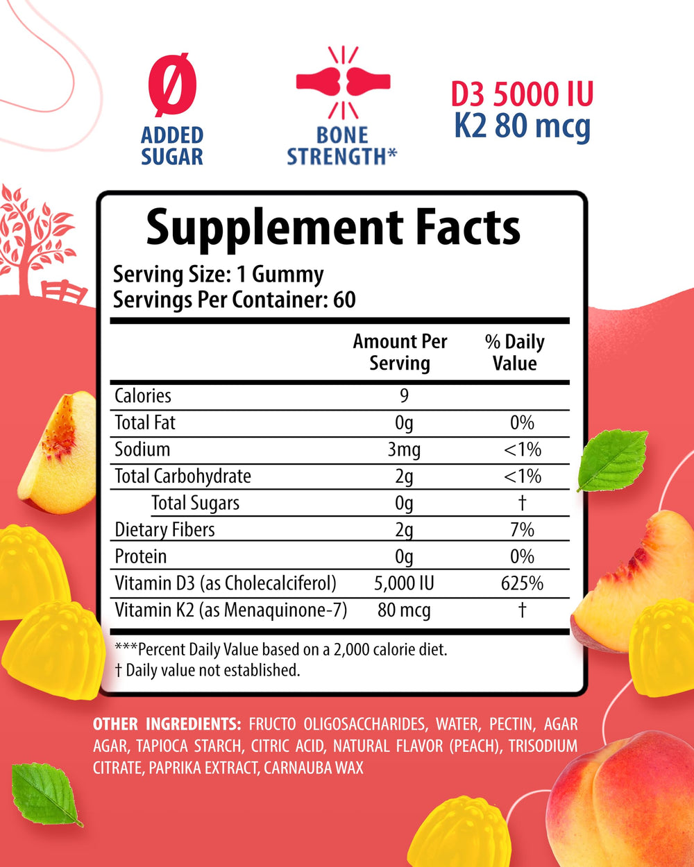 SUNNY SAM vitamin D3 K2 gummies close-up showing peach flavor and texture
