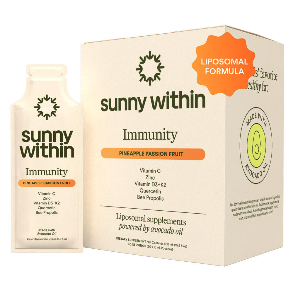 Sunny Within Immunity packets in a convenient pouch for daily immune support.