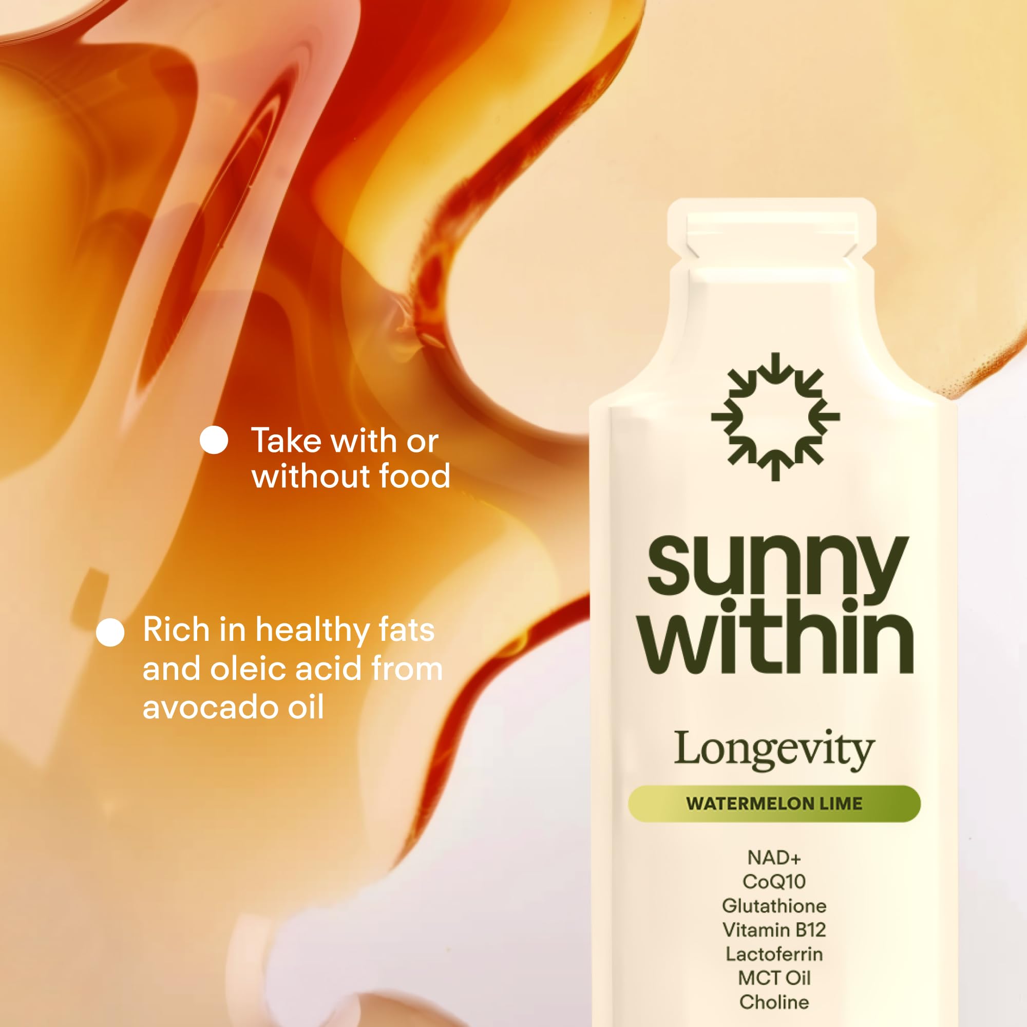 Sunny Within Longevity ingredients icons show liposomal delivery and key nutrients.