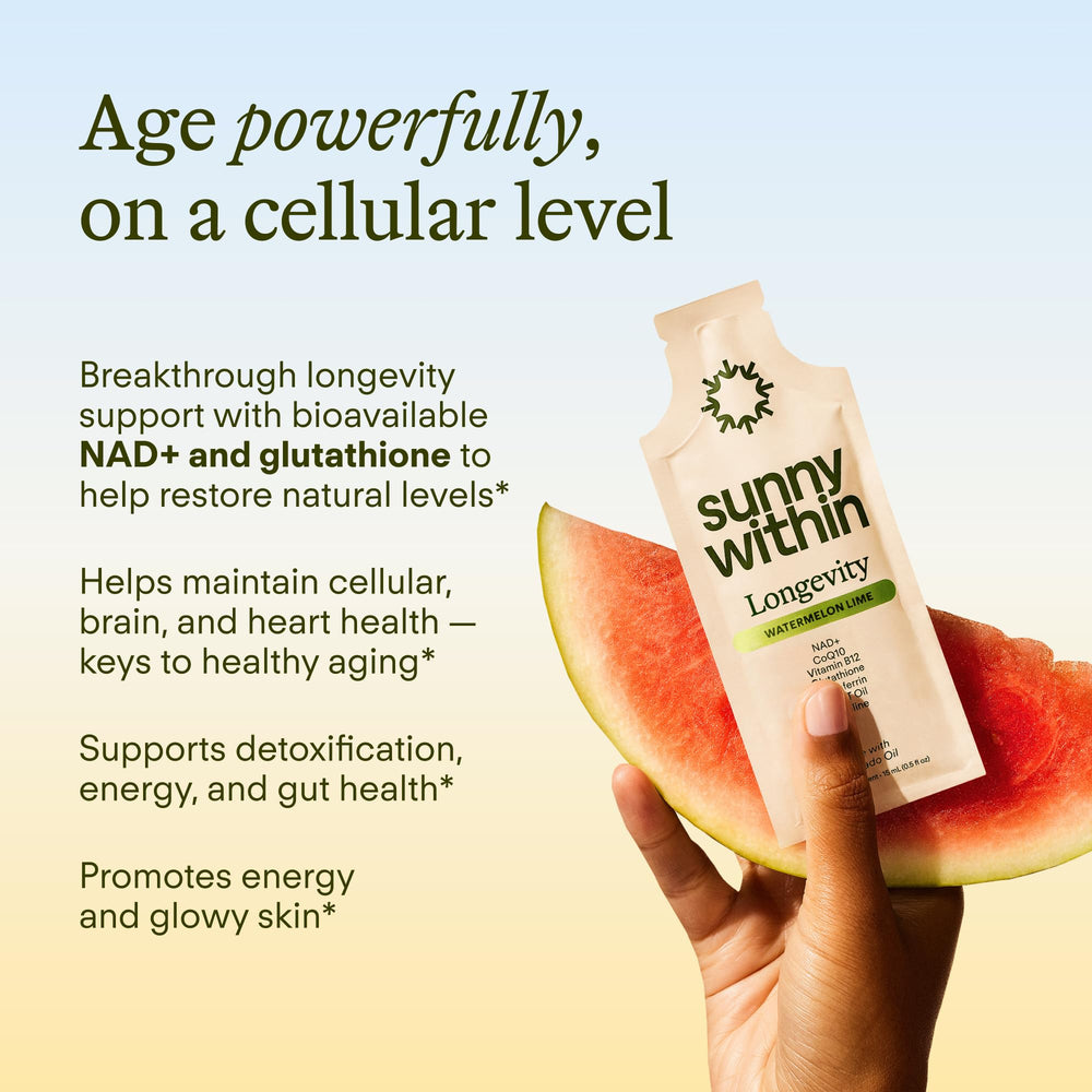 Sunny Within Longevity pouch contents ready for quick daily intake.